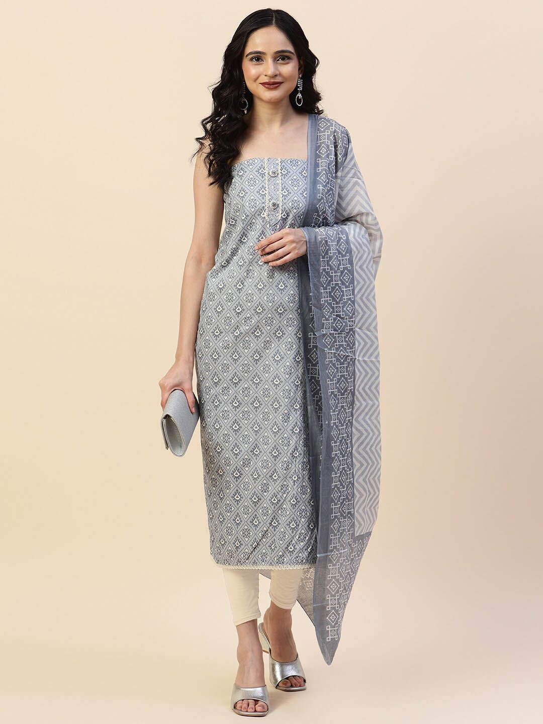

Meena Bazaar Printed Unstitched Dress Material, Grey