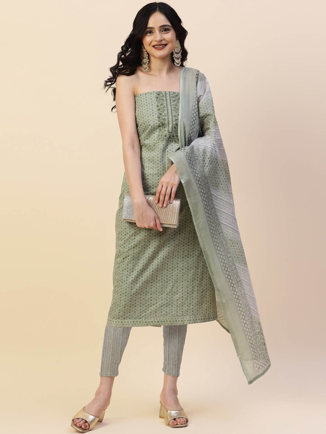 

Meena Bazaar Printed Unstitched Dress Material, Green