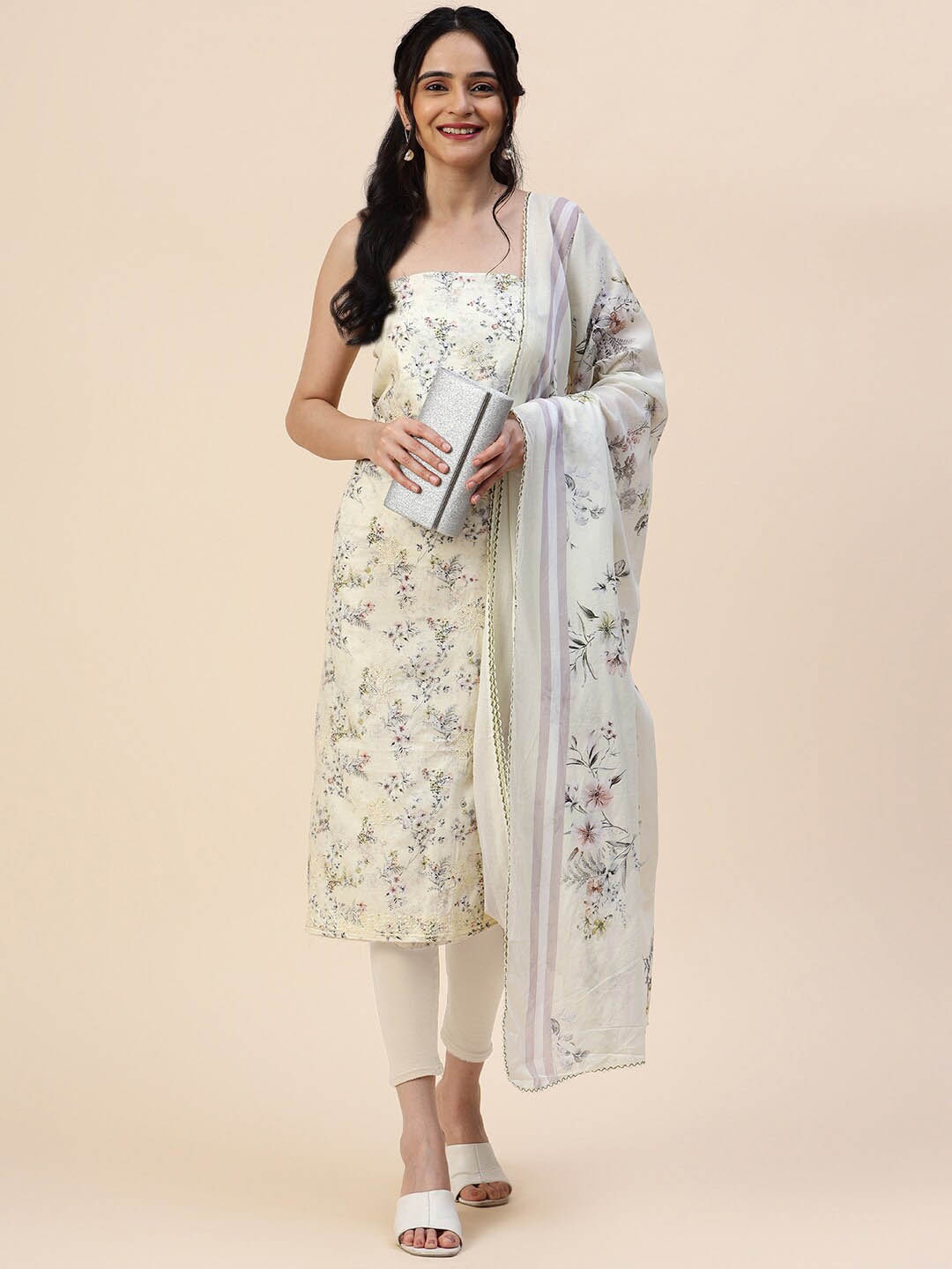 

Meena Bazaar Floral Printed Unstitched Dress Material, Cream