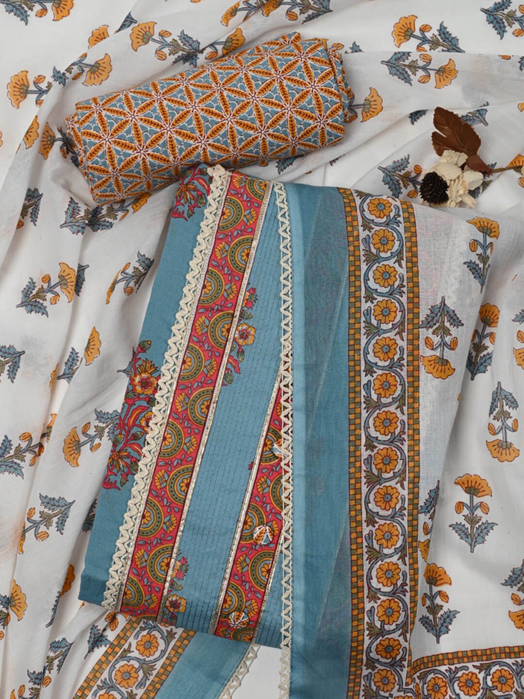 

Meena Bazaar Printed Unstitched Dress Material, Blue