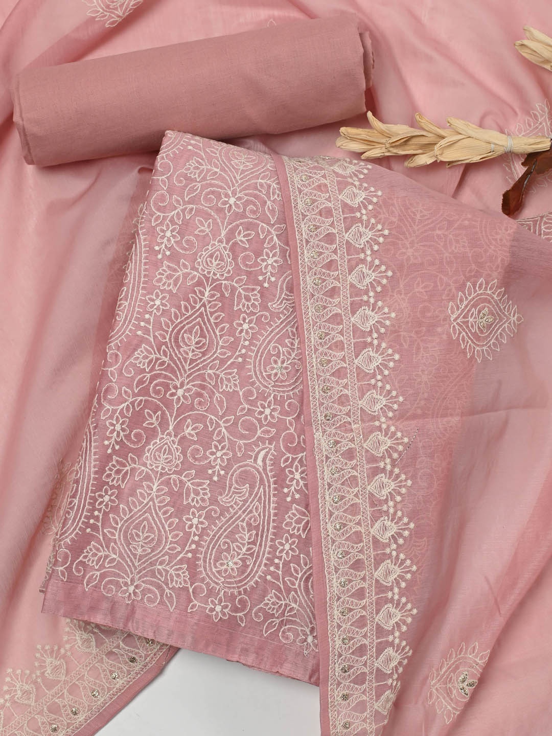 

Meena Bazaar Embroidered Art Silk Unstitched Dress Material, Pink