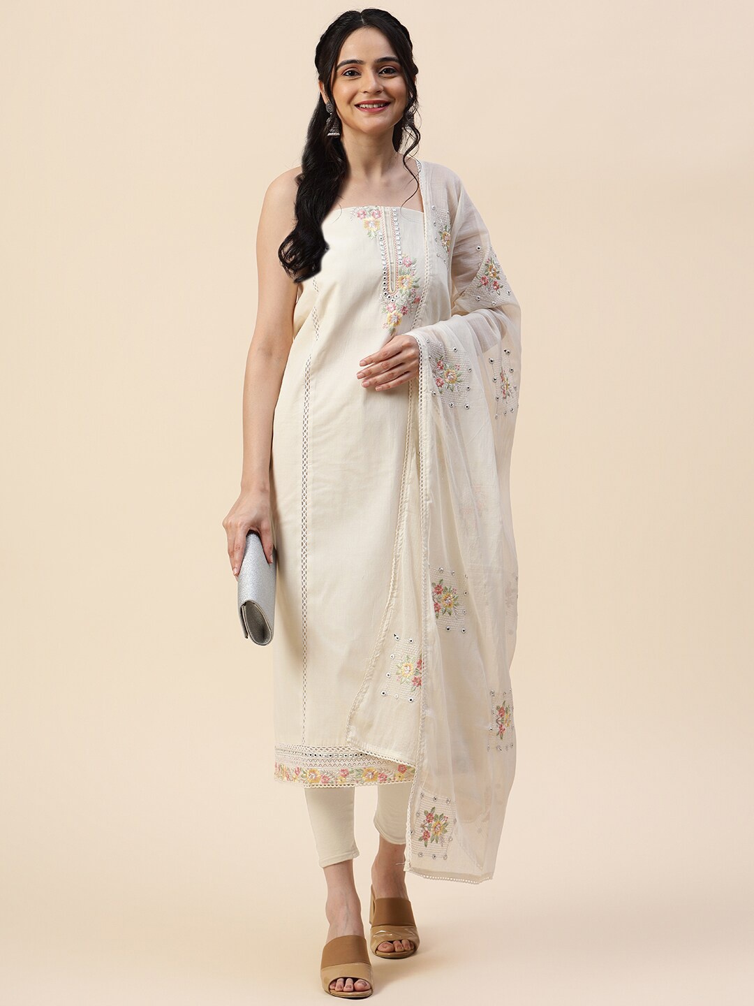 

Meena Bazaar Ethnic Motifs Mirror Work Embroidered Unstitched Dress Material, Cream