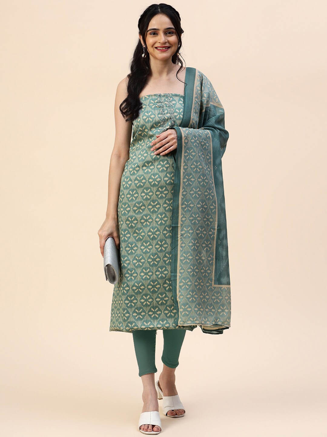 

Meena Bazaar Ethnic Motifs Printed Unstitched Dress Material, Green