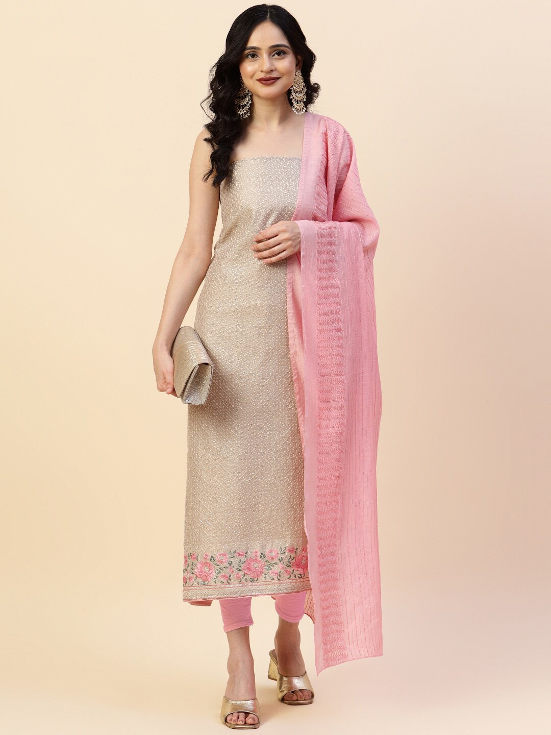 

Meena Bazaar Embroidered Art Silk Unstitched Dress Material, Beige