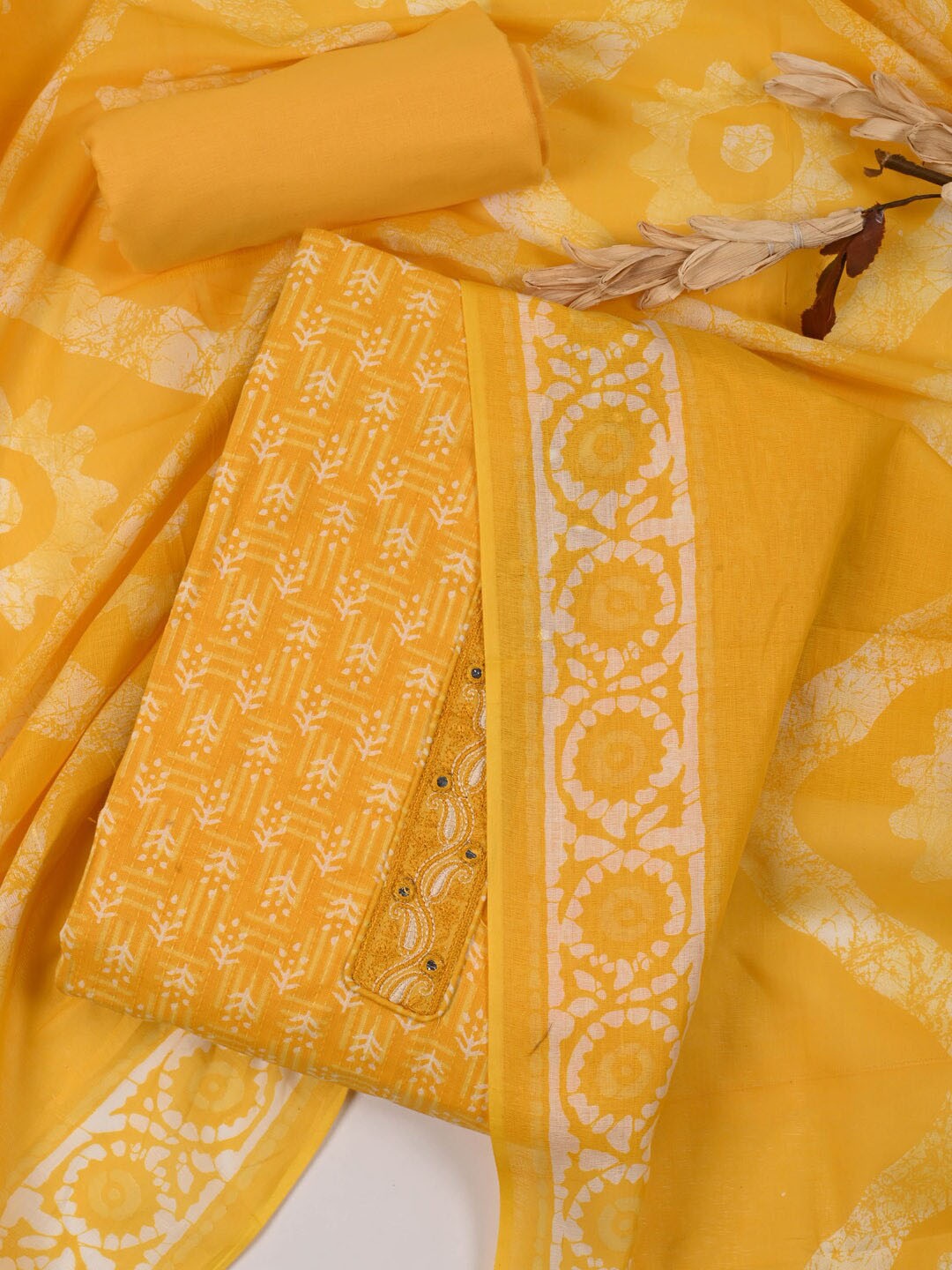 

Meena Bazaar Ethnic Motifs Printed Mirror Work Unstitched Dress Material, Yellow