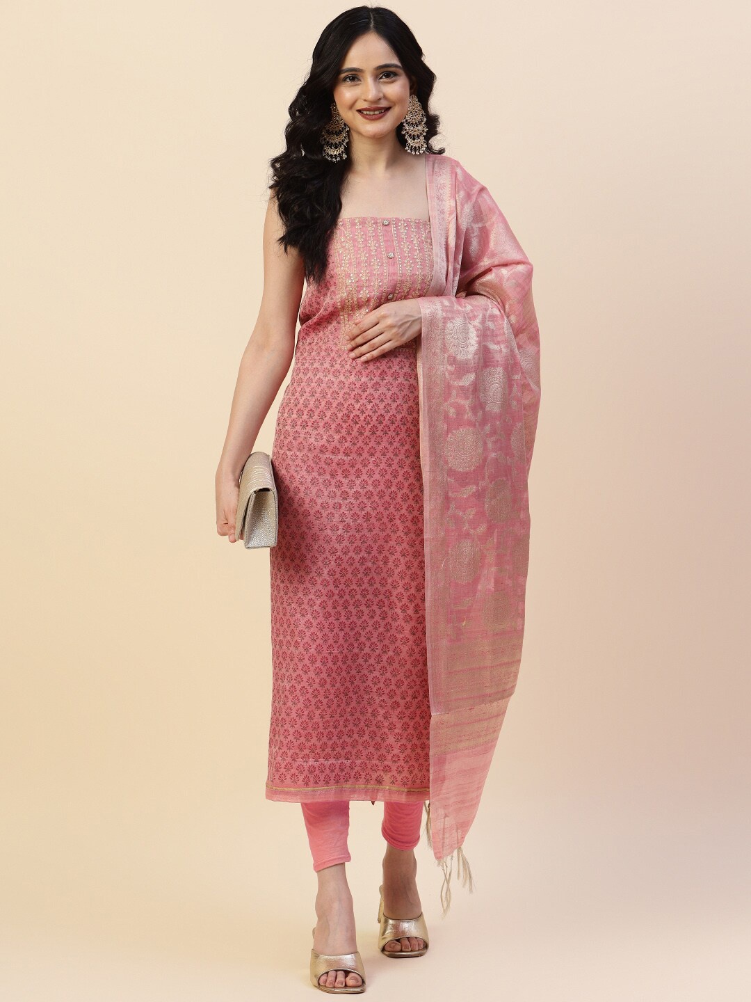 

Meena Bazaar Ethnic Motifs Printed Unstitched Dress Material, Pink