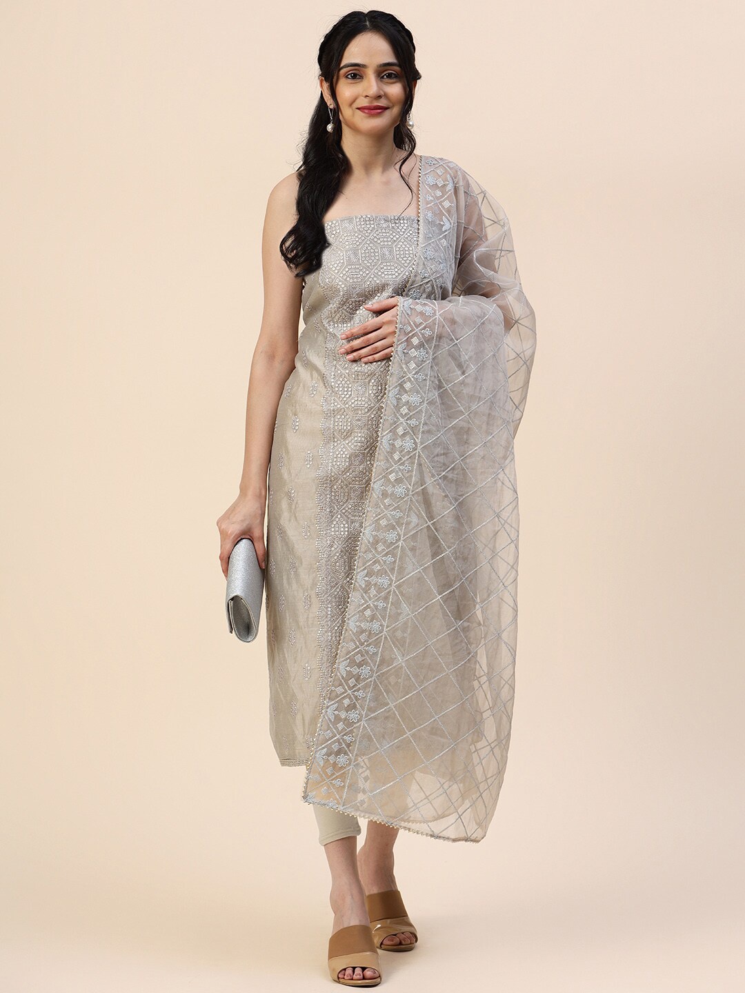 

Meena Bazaar Ethnic Motifs Sequinned Embroidered Unstitched Dress Material, Grey