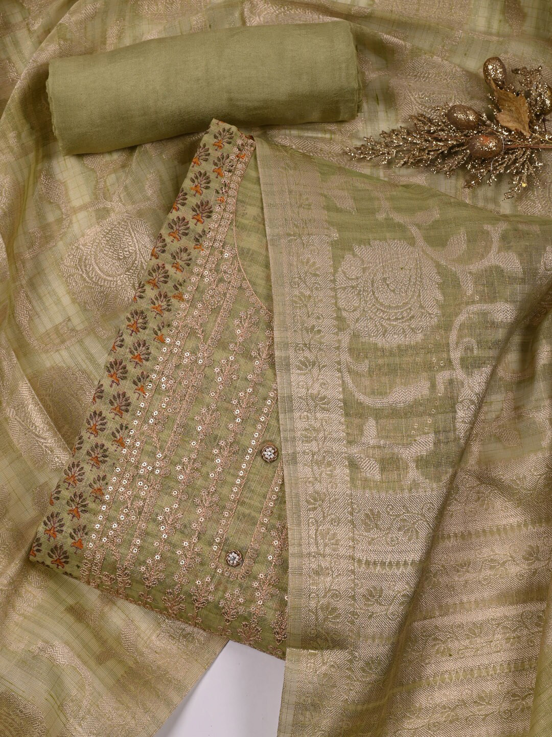 

Meena Bazaar Ethnic Motifs Printed Unstitched Dress Material, Green