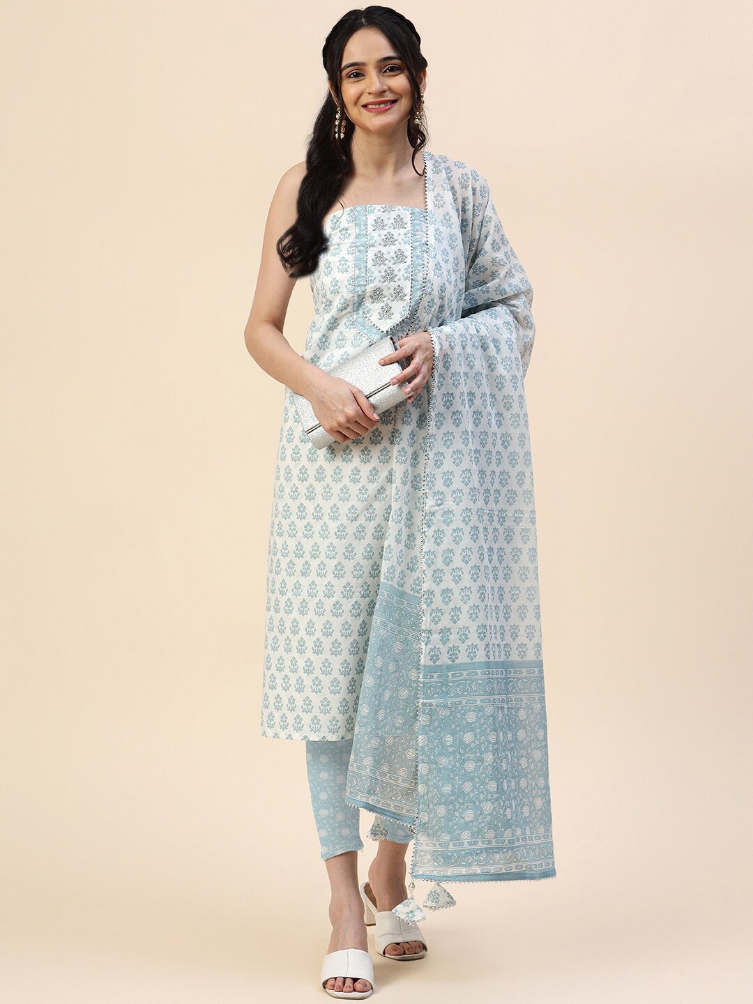 

Meena Bazaar Ethnic Motifs Printed Unstitched Dress Material, Cream
