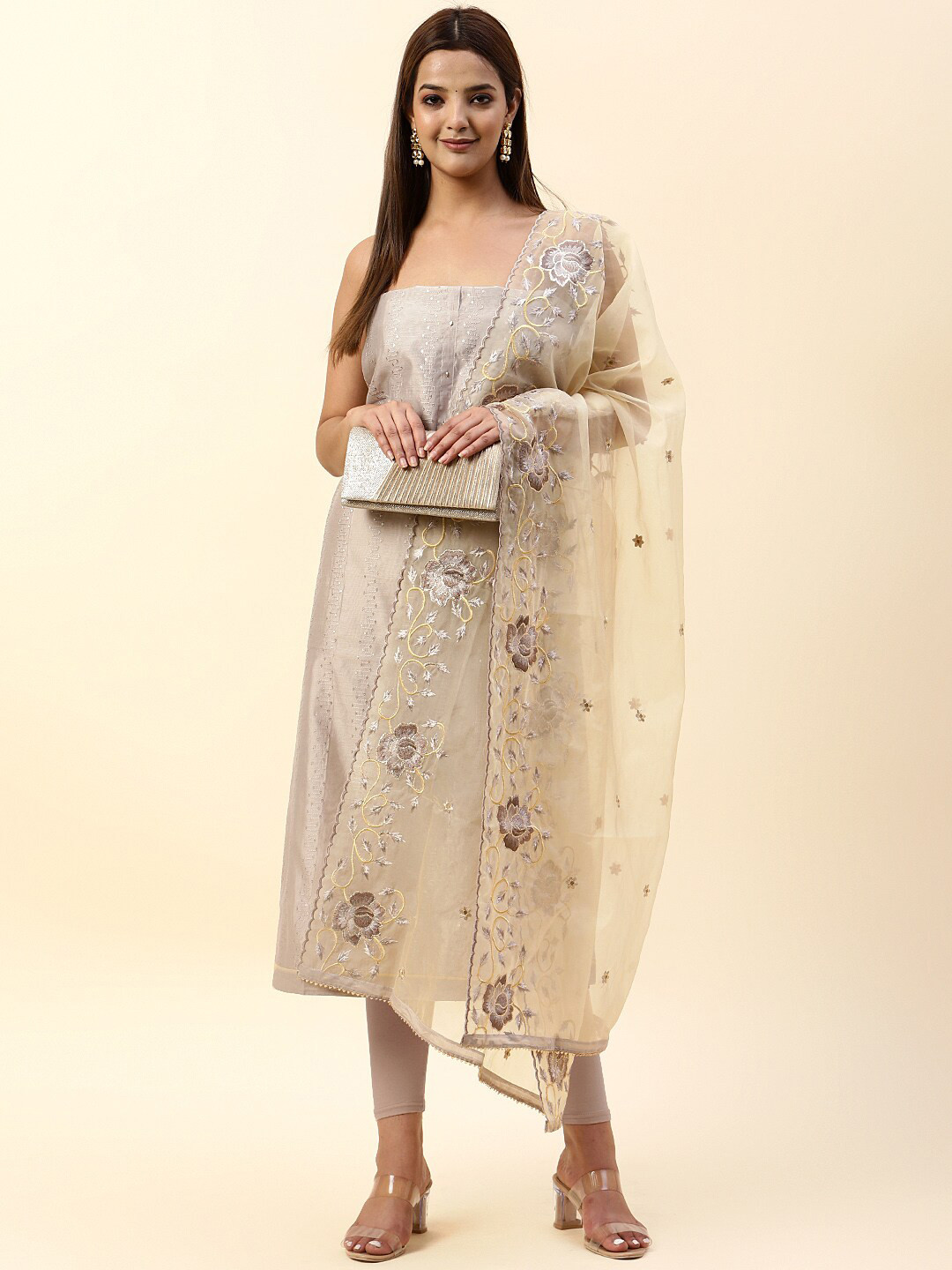 

Meena Bazaar Sequinned Embroidered Unstitched Dress Material, Grey