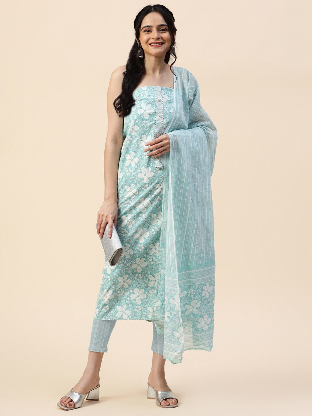 

Meena Bazaar Floral Printed Gotta Patti Unstitched Dress Material, Blue