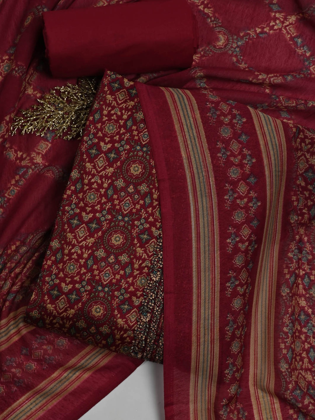 

Meena Bazaar Ethnic Motifs Printed Unstitched Dress Material, Burgundy