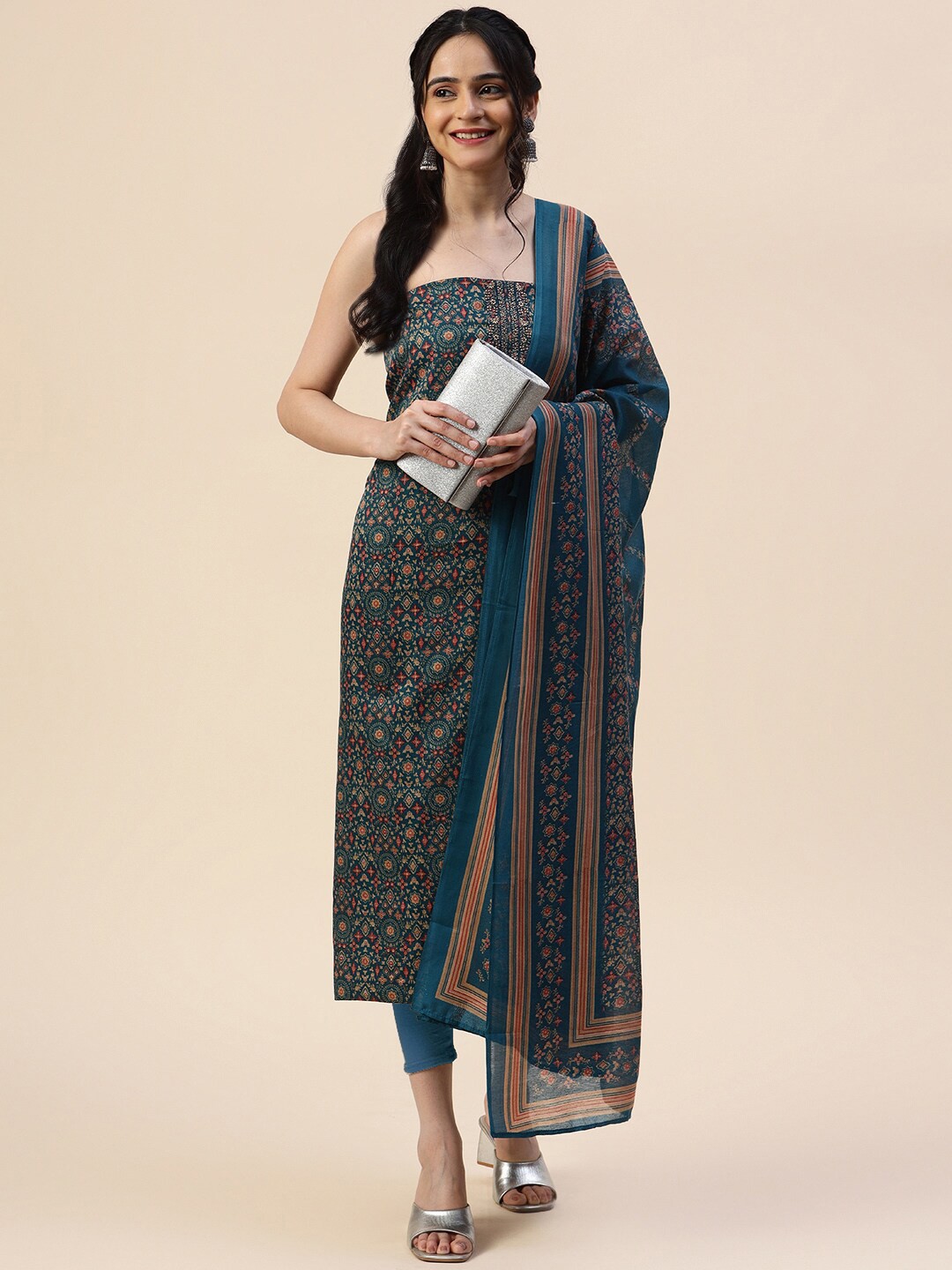 

Meena Bazaar Printed Unstitched Dress Material, Teal