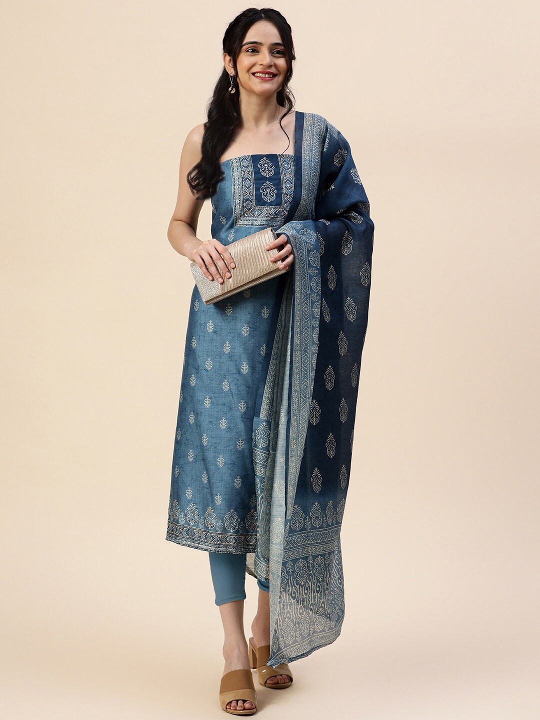 

Meena Bazaar Ethnic Motifs Sequinned Printed Unstitched Dress Material, Blue