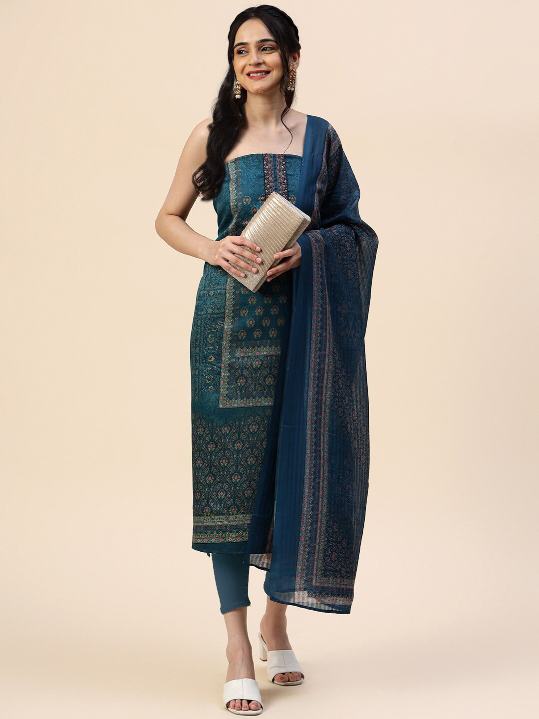 

Meena Bazaar Printed Unstitched Dress Material, Blue