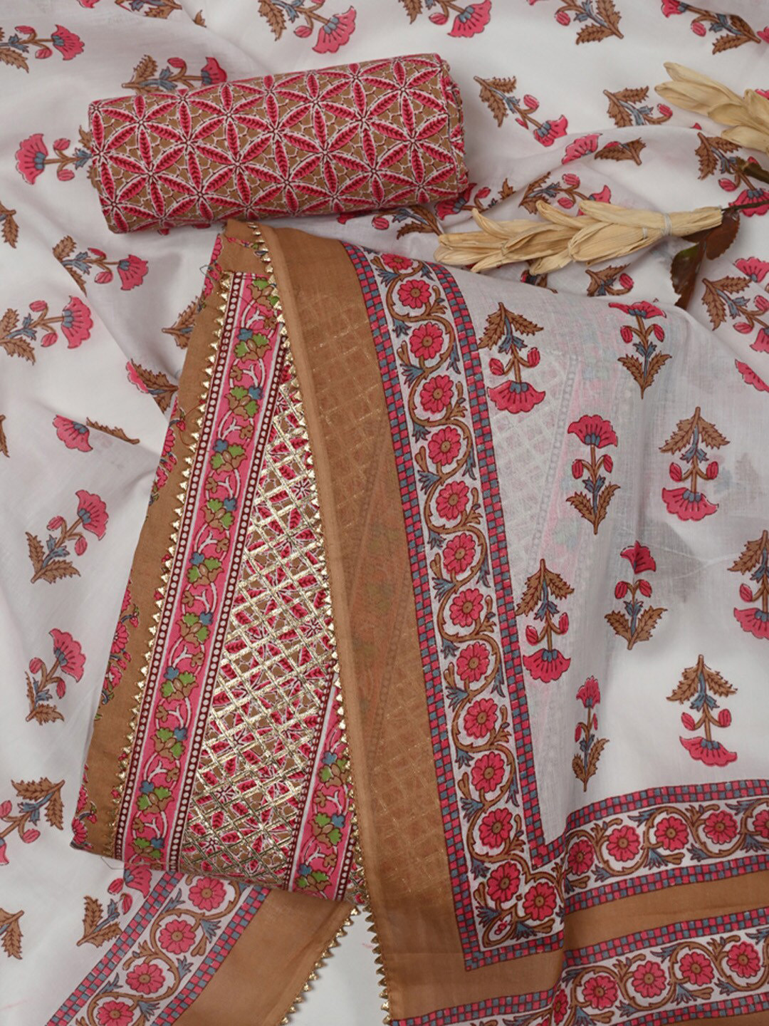 

Meena Bazaar Floral Printed Unstitched Dress Material, Brown