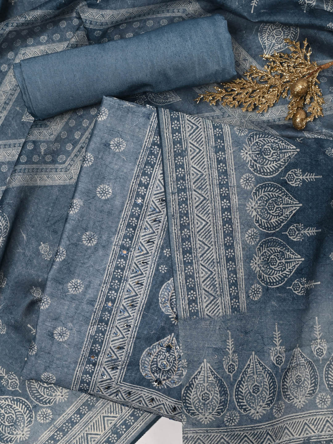 

Meena Bazaar Printed Art Silk Unstitched Dress Material, Blue