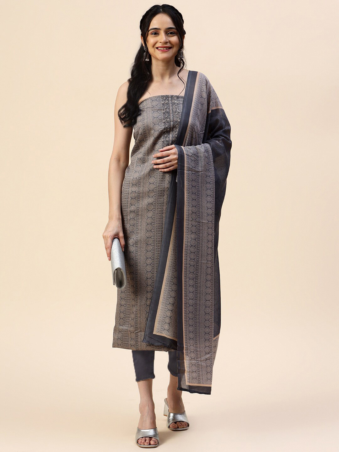 

Meena Bazaar Printed Unstitched Dress Material, Grey