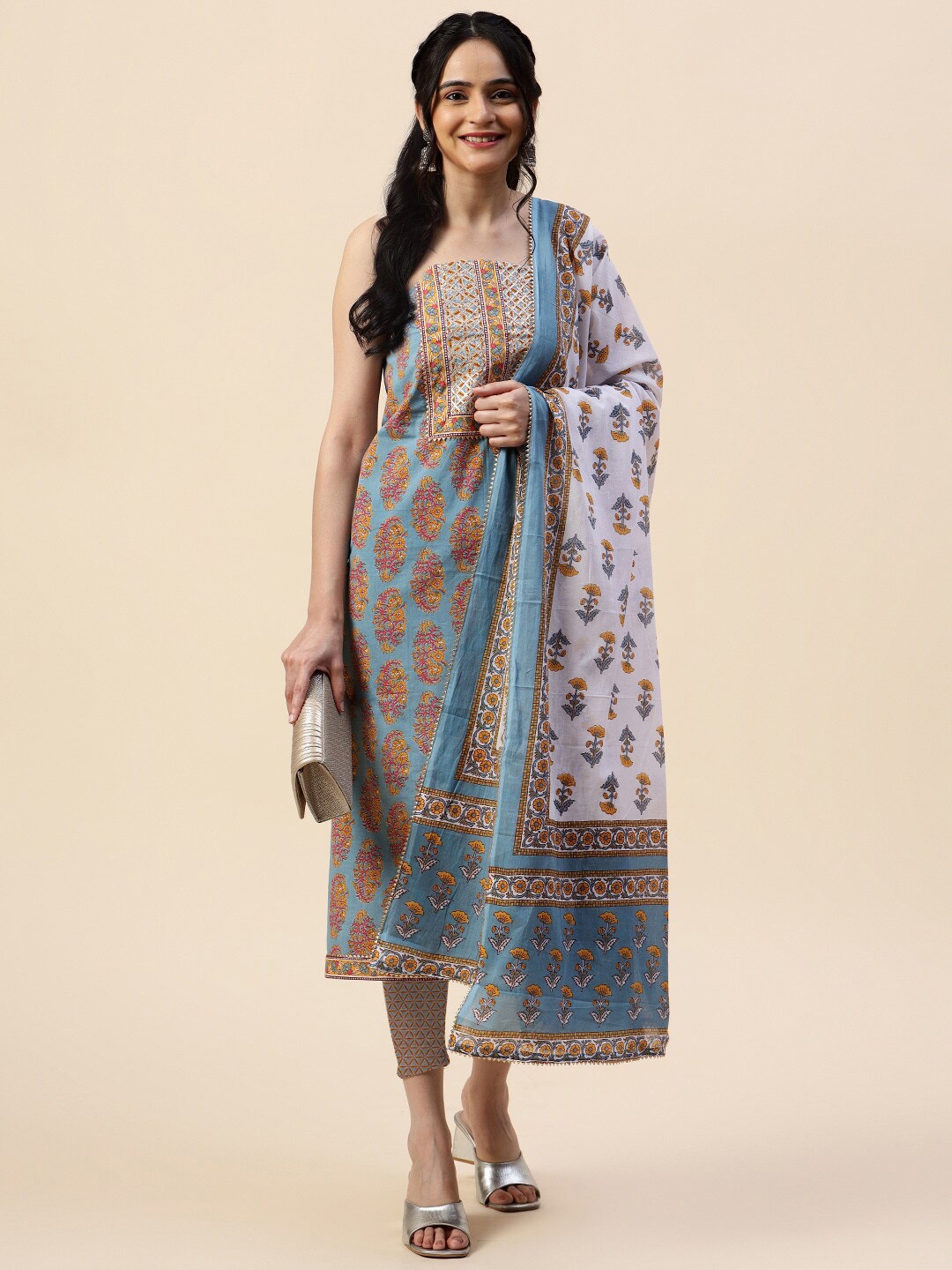 

Meena Bazaar Printed Unstitched Dress Material, Blue