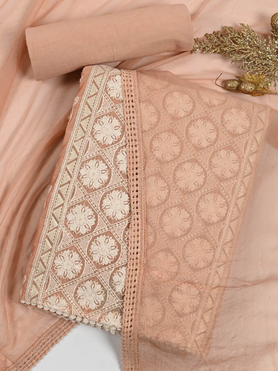

Meena Bazaar Floral Sequinned Embroidered Unstitched Dress Material, Peach
