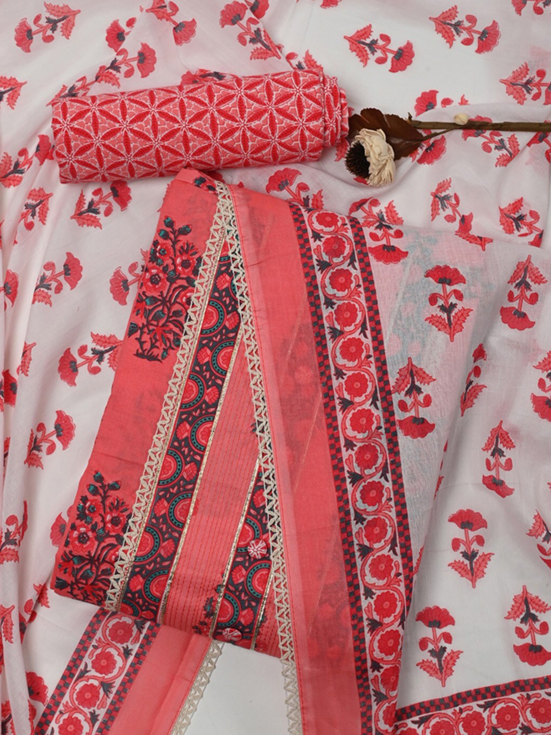 

Meena Bazaar Floral Printed Unstitched Dress Material, Coral