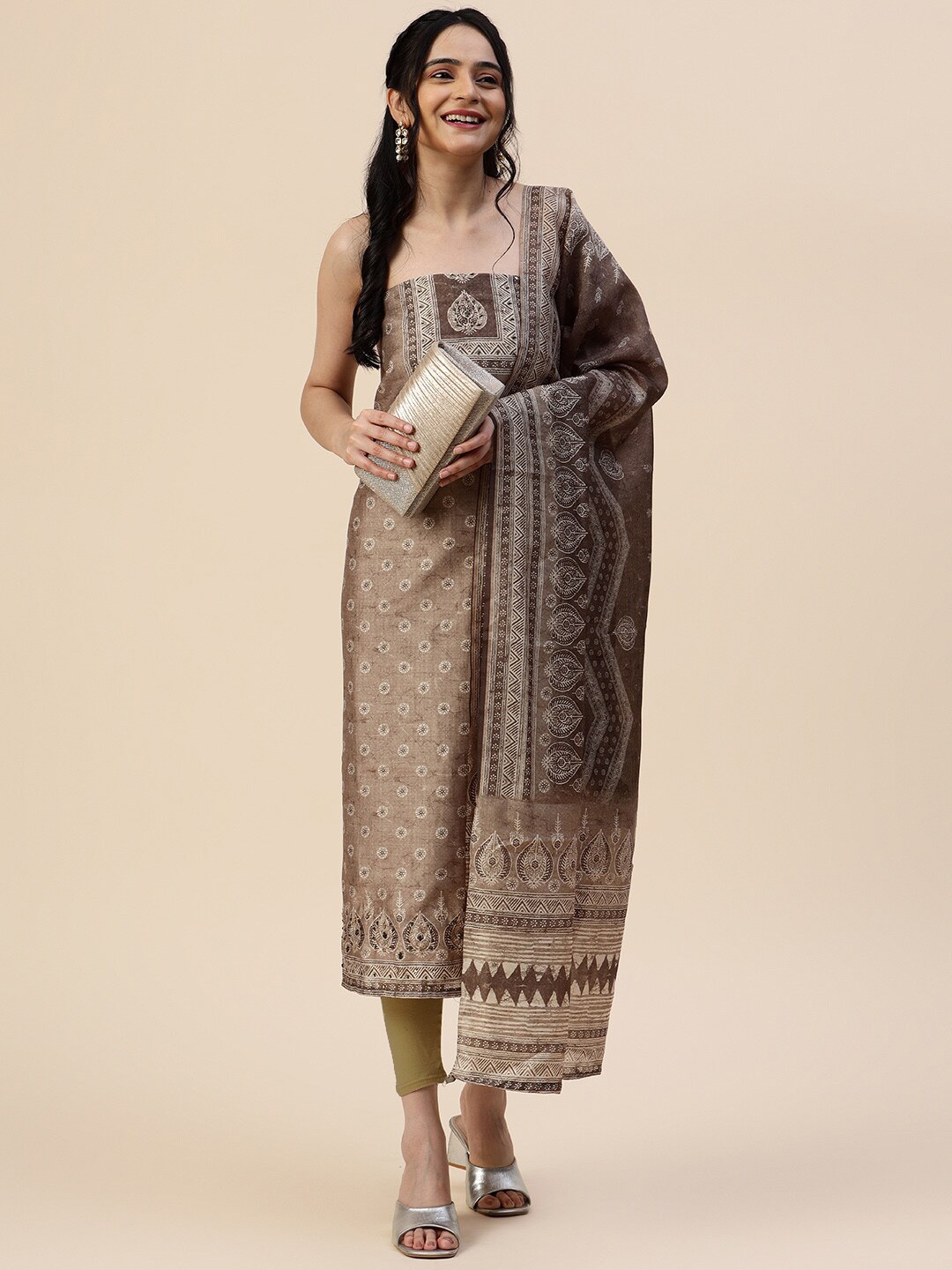 

Meena Bazaar Ethnic Motifs Printed Unstitched Dress Material, Green