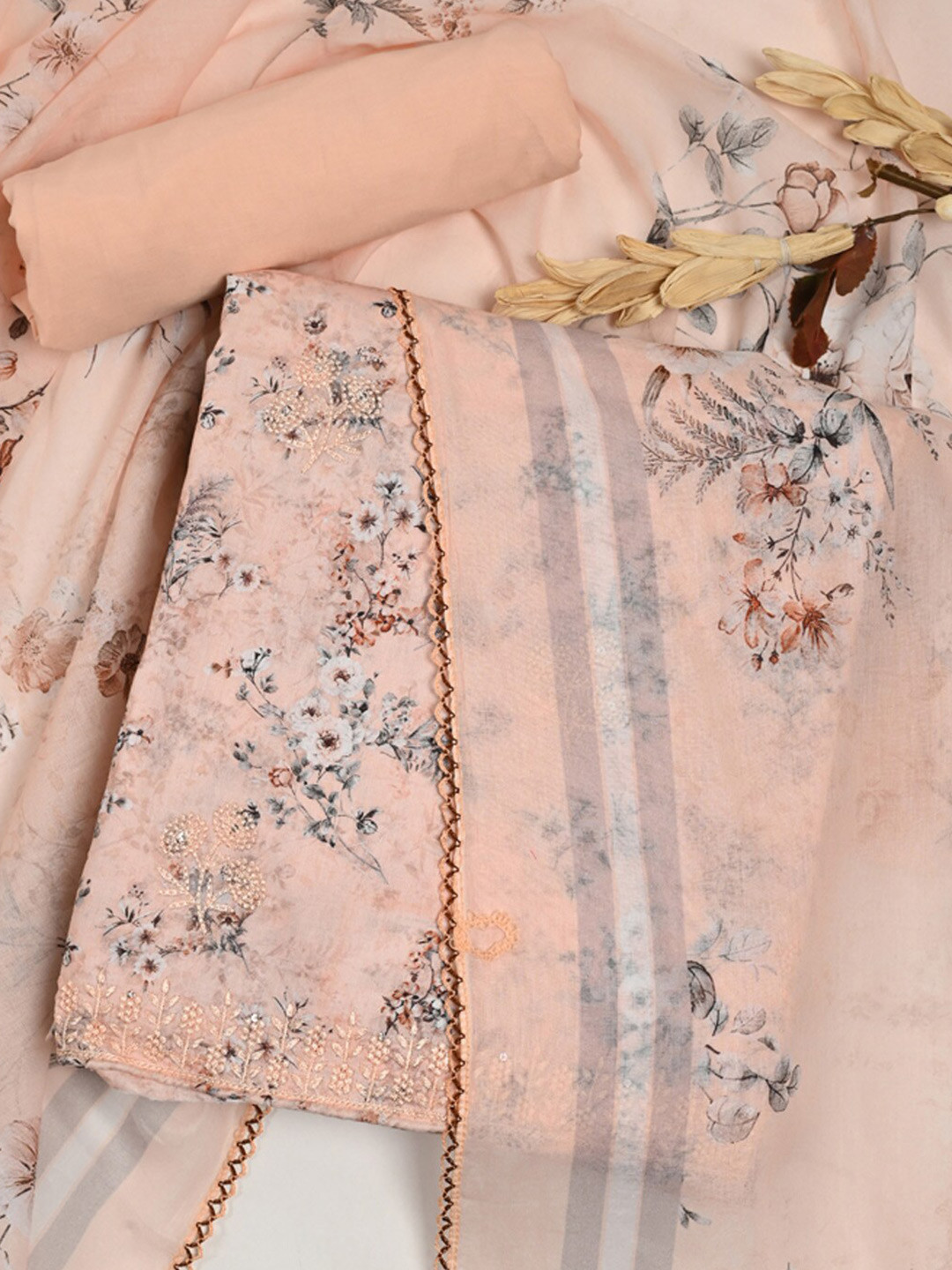 

Meena Bazaar Printed Unstitched Dress Material, Peach