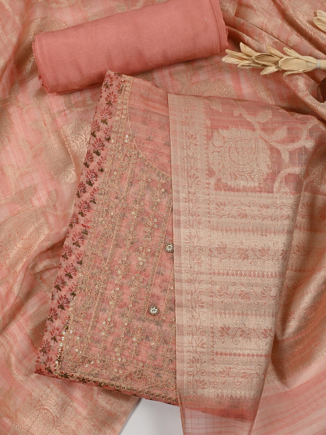 

Meena Bazaar Printed Art Silk Unstitched Dress Material, Peach