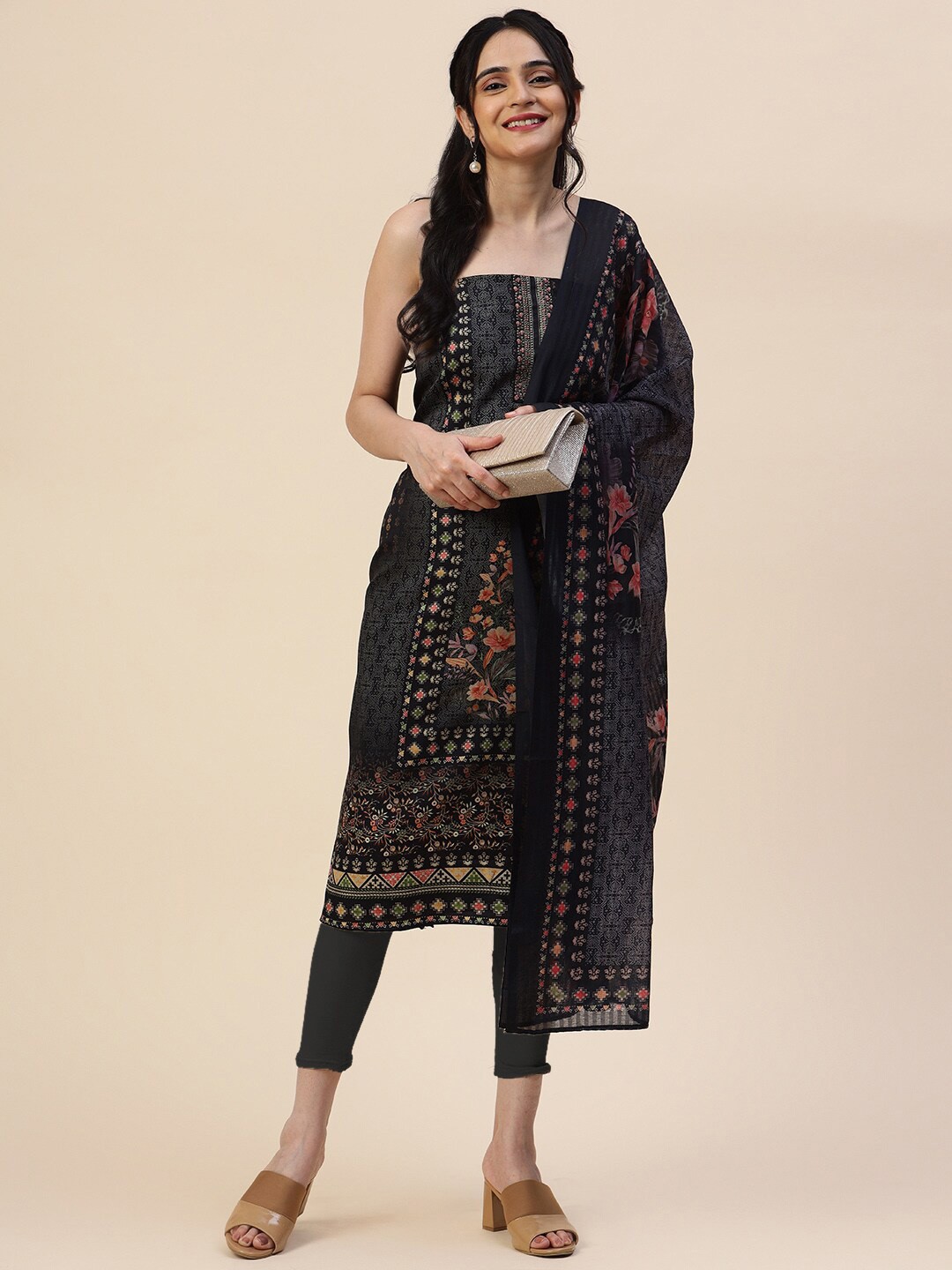 

Meena Bazaar Printed Unstitched Dress Material, Black