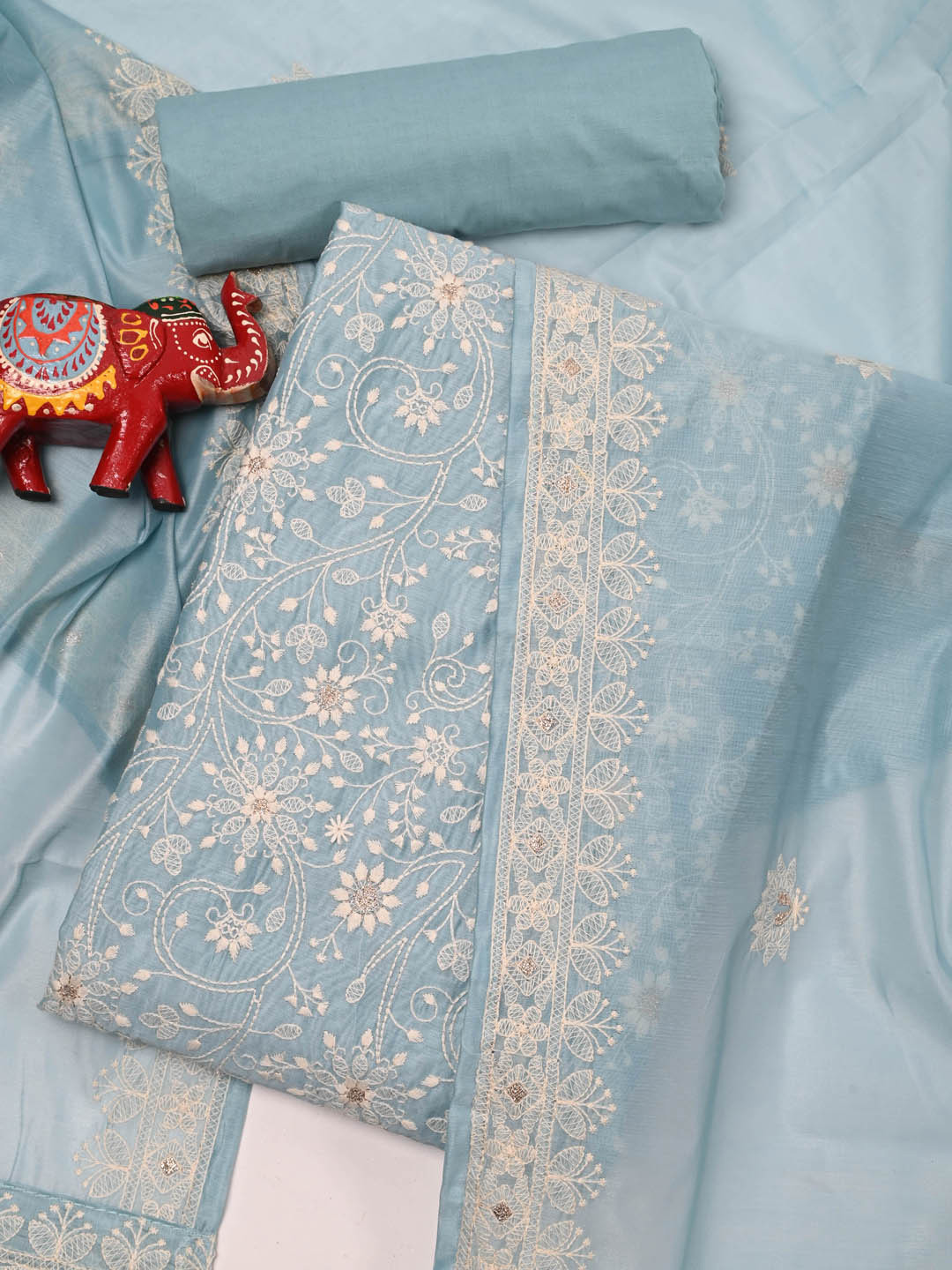 

Meena Bazaar Embroidered Art Silk Unstitched Dress Material, Blue