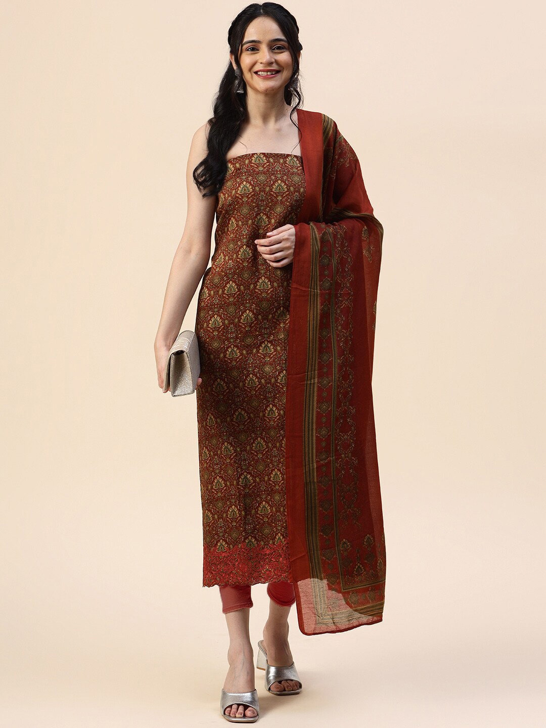 

Meena Bazaar Ethnic Motifs Printed Unstitched Dress Material, Red