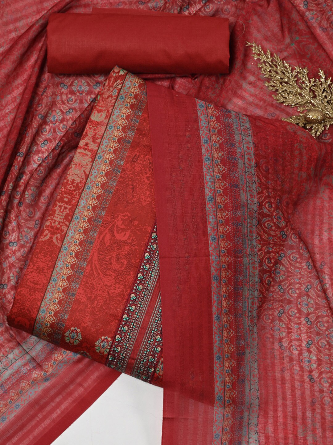 

Meena Bazaar Floral Printed Unstitched Dress Material, Maroon