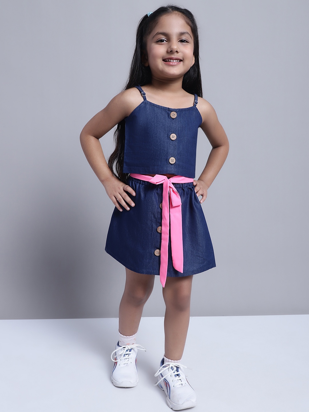 

Superminis Girls Shoulder Strap Top With Skirt, Navy blue