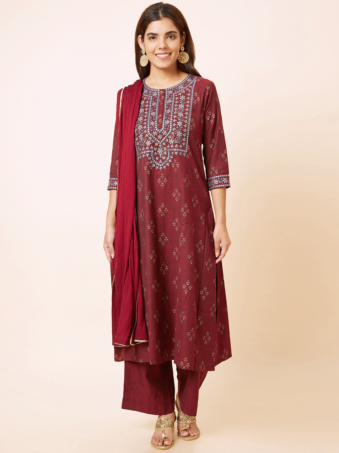 

Globus Maroon & Yellow Printed Mirror Work Pure Cotton Kurta with Palazzos & Dupatta