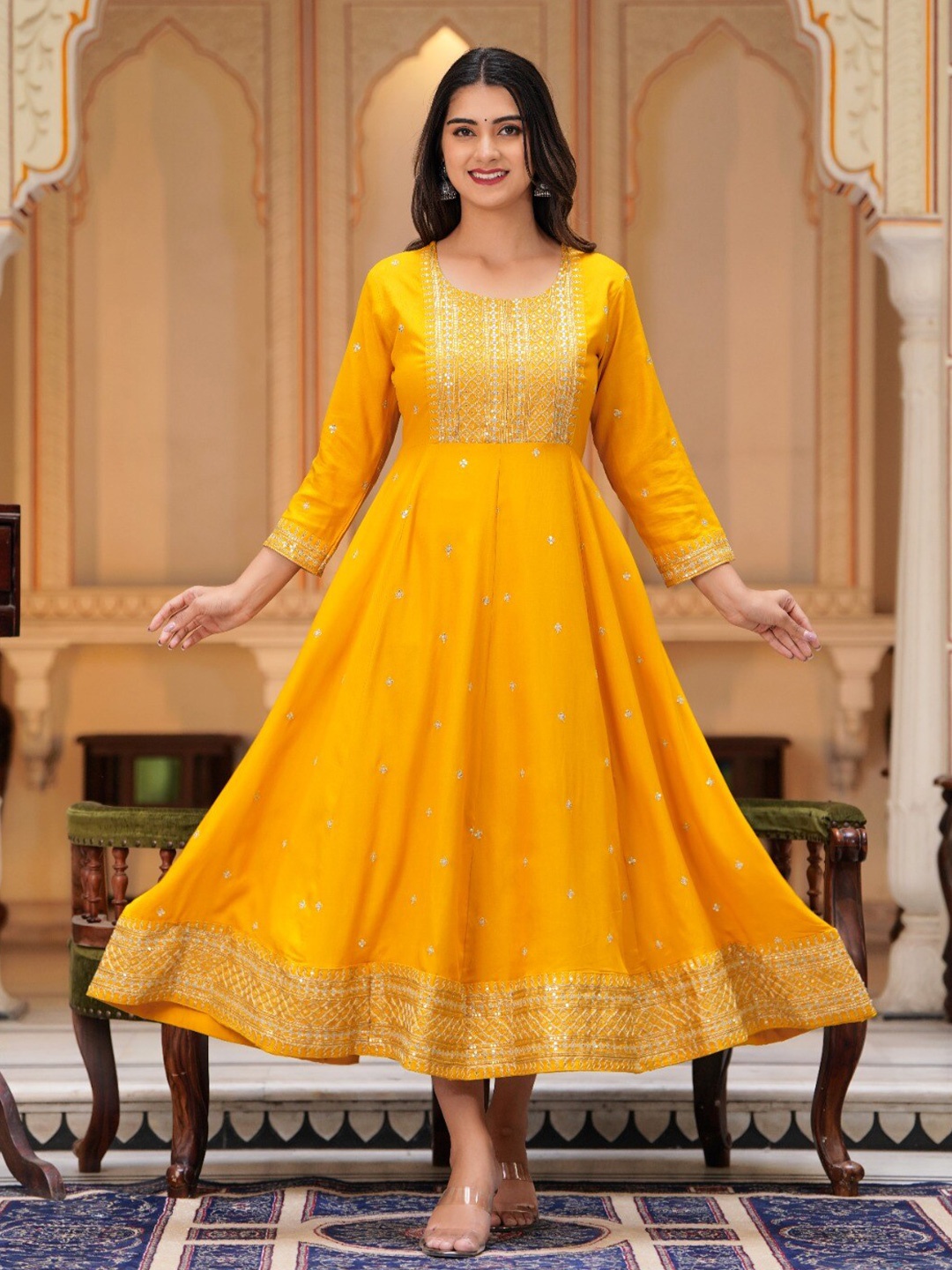 

Hatheli Ethnic Motif Embroidered Sequined Fit & Flare Midi Ethnic Dress, Yellow