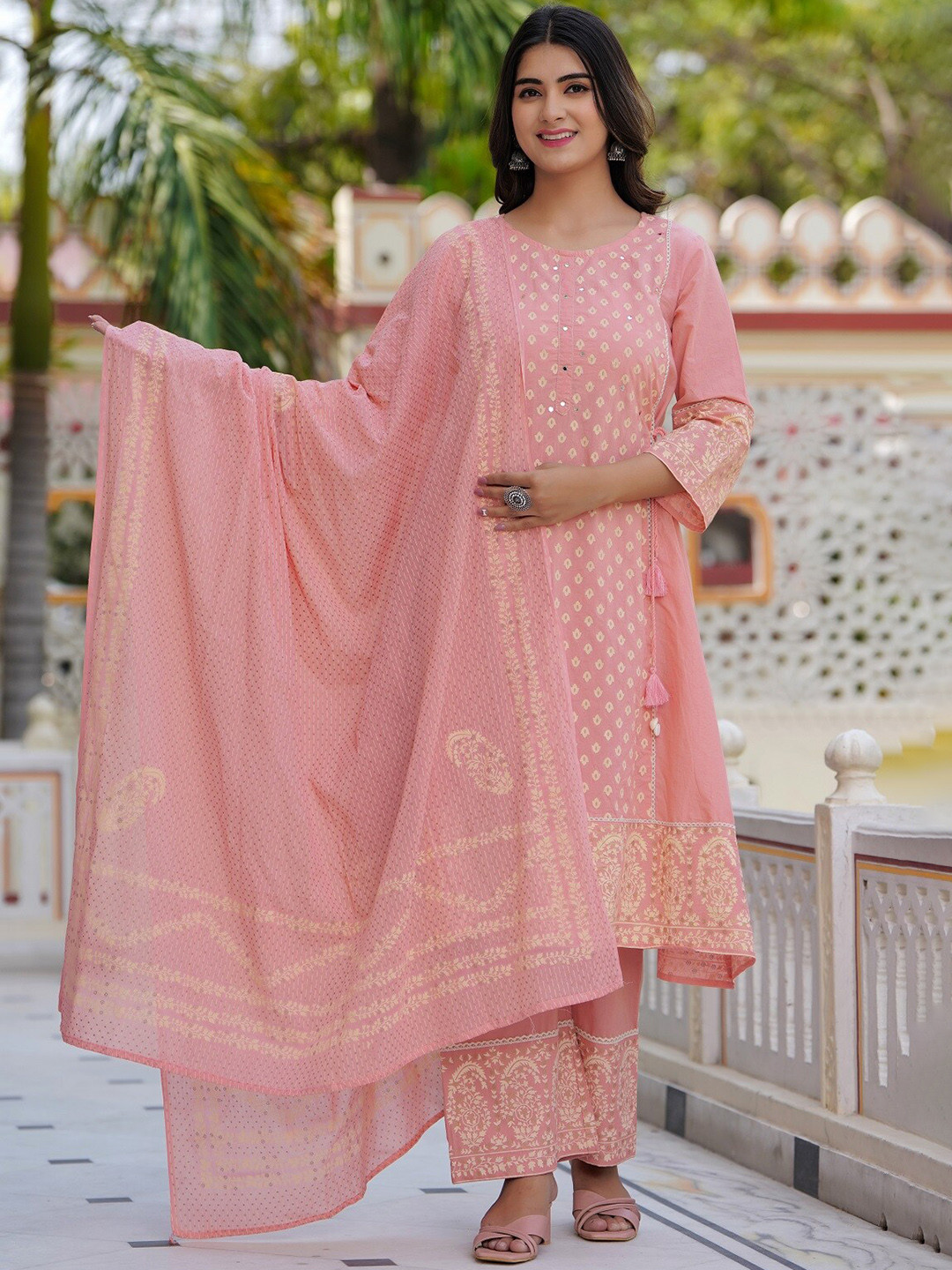 

Hatheli Ethnic Motifs Printed Mirror Work Pure Cotton Kurta with Trousers & Dupatta, Peach
