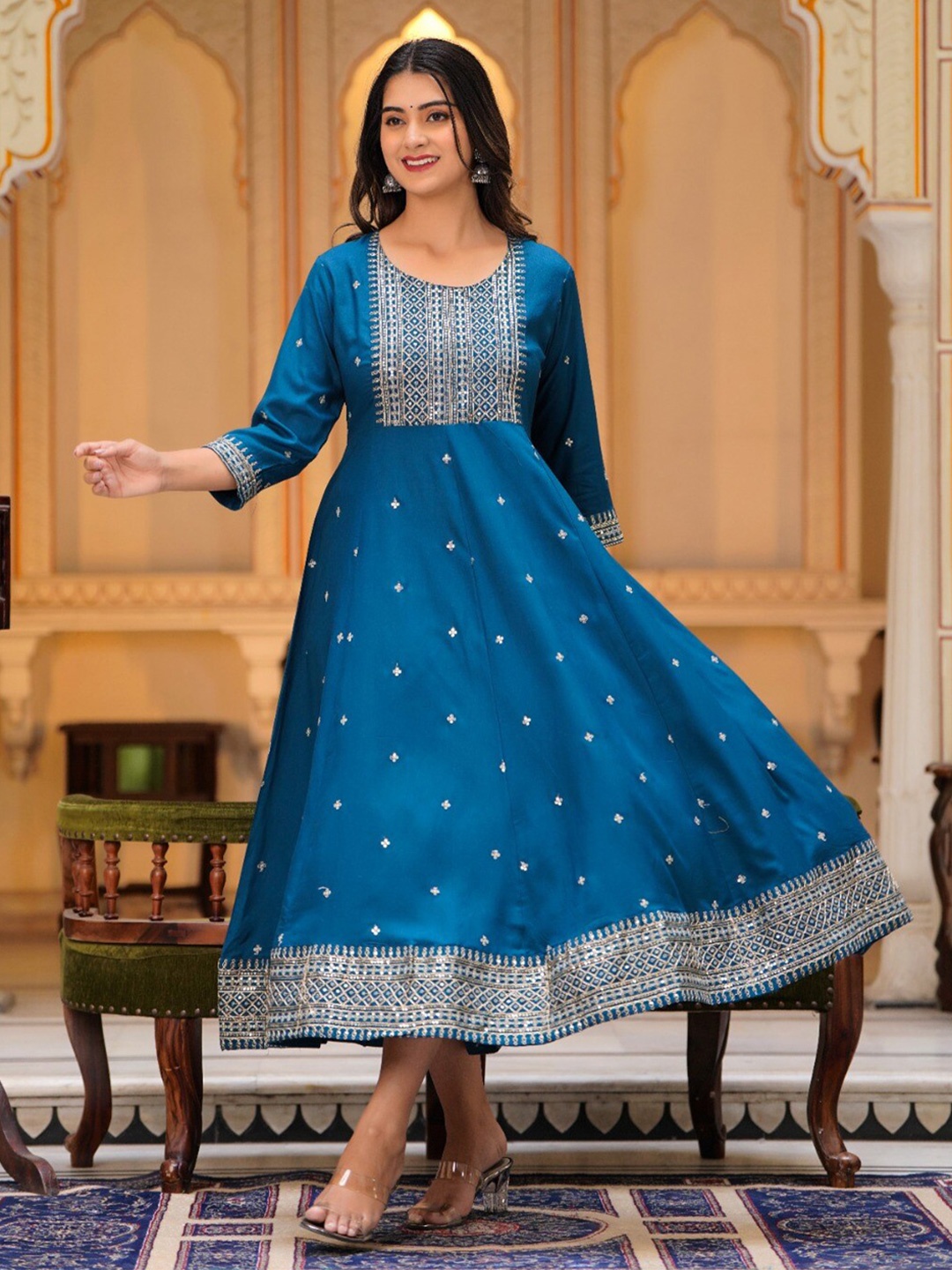 

Hatheli Ethnic Motif Embroidered Sequined Fit & Flare Midi Ethnic Dress, Blue