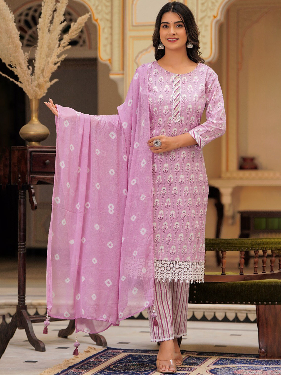 

Hatheli Ethnic Motifs Printed Bead Work Pure Cotton Kurta with Trousers & Dupatta, Purple