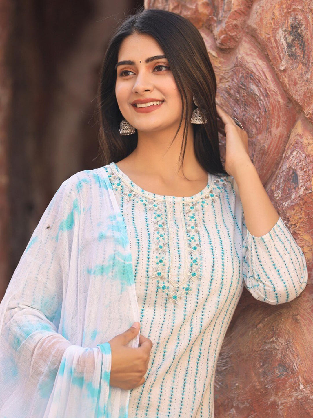 

Hatheli Striped Bead Work Pure Cotton Kurta with Trousers & Dupatta, White