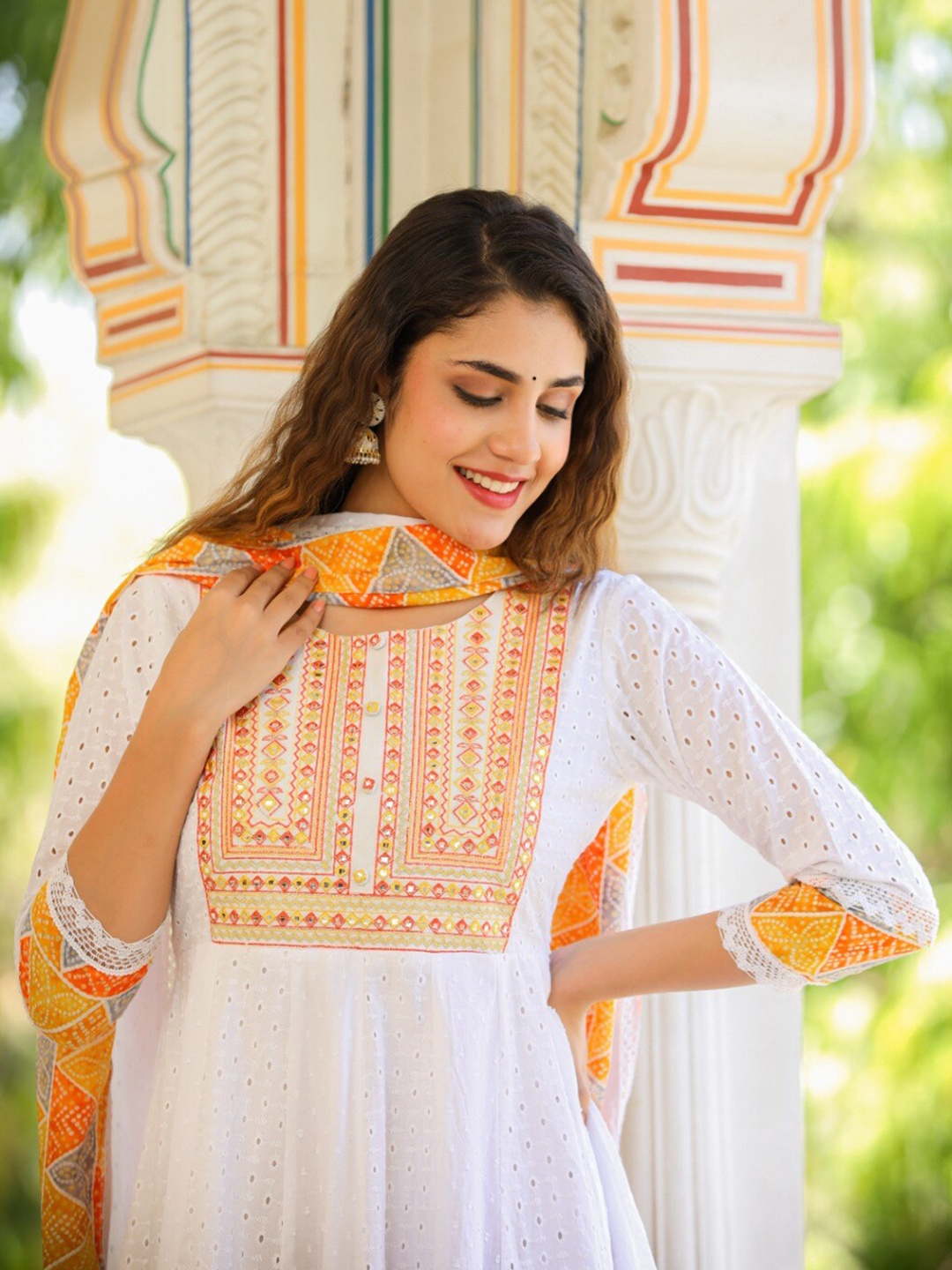 

Hatheli Floral Schiflli Mirror Work Fit & Flare Midi Cotton Ethnic Dress & Dupatta, White