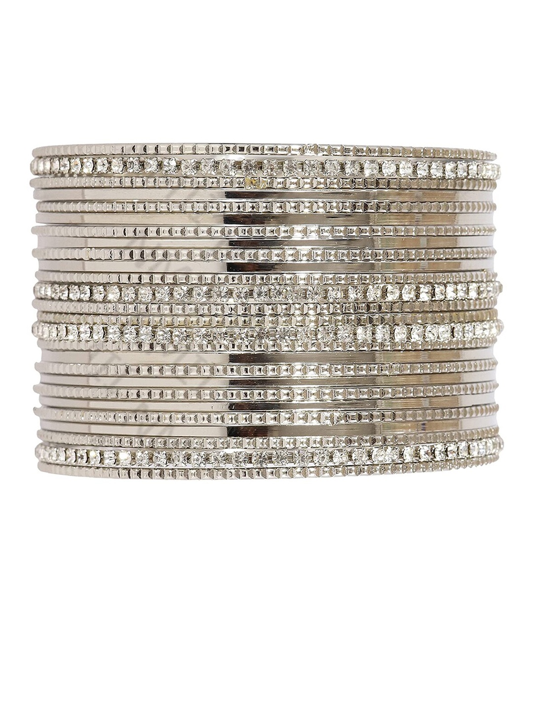 

NMII Set Of 26 Zircon-Studded Glossy Finished Metal Bangles, Silver