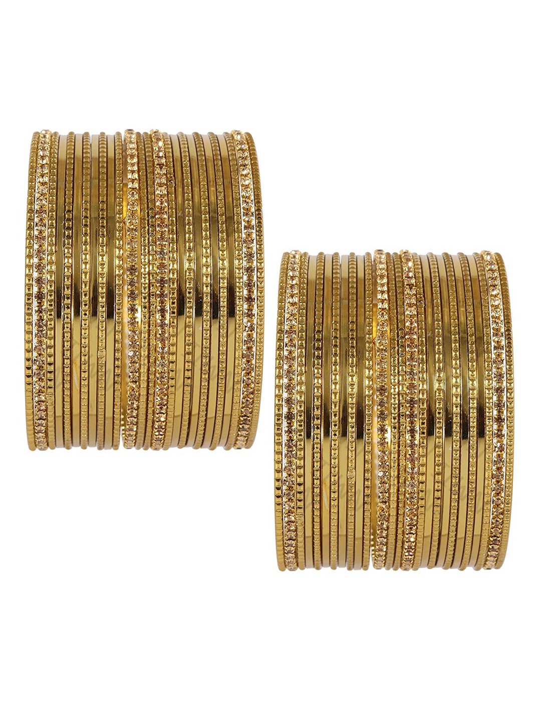 

NMII Set Of 52 Glossy Finished Zircon-Gemstone Studded Metal Bangles, Gold