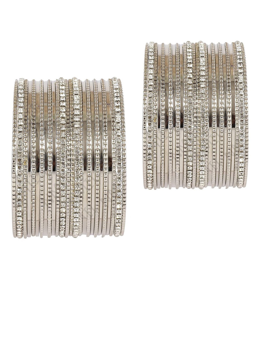 NMII Set Of 52 Zircon-Studded Glossy Finished Metal Bangles, Silver