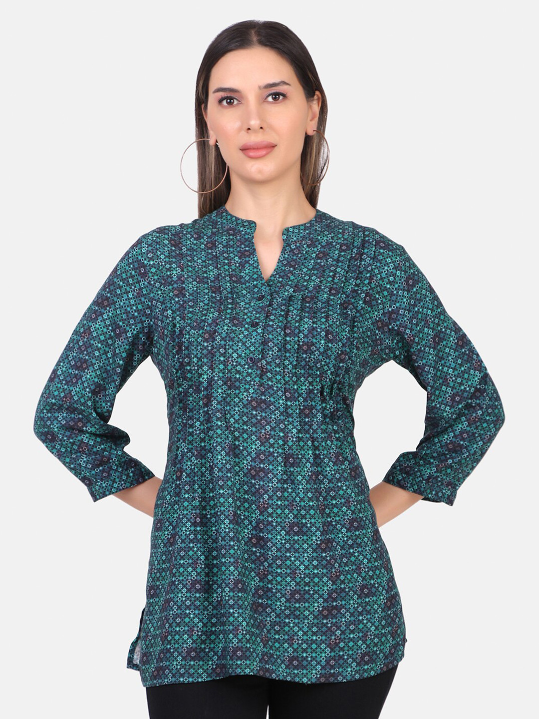 

IX IMPRESSION Geometric Printed Mandarin Collar Longline Top, Green