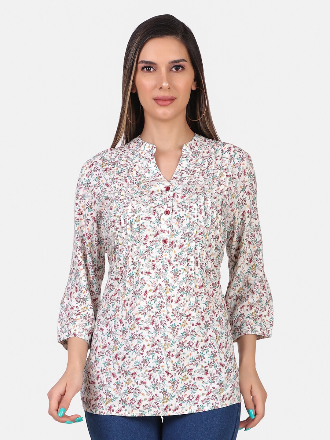 

IX IMPRESSION Floral Printed Mandarin Collar Longline Top, White