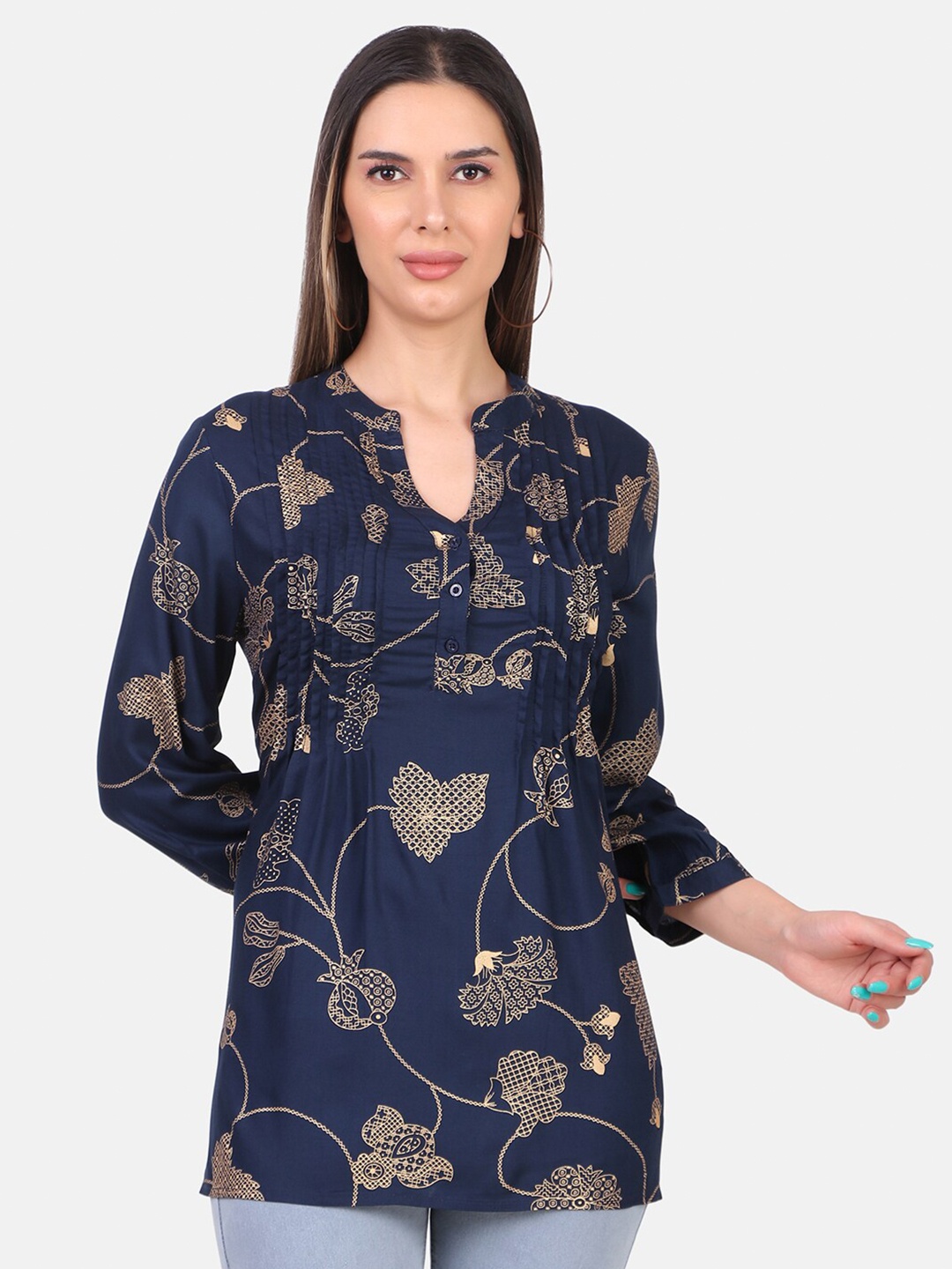 

IX IMPRESSION Floral Printed Mandarin Collar Longline Top, Navy blue