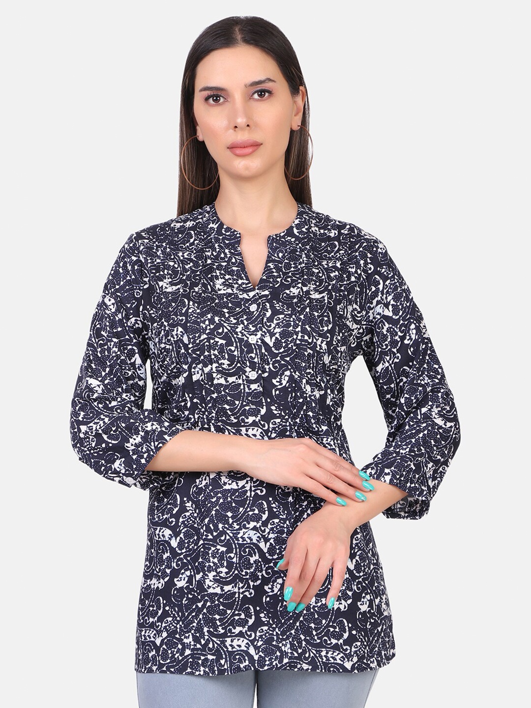 

IX IMPRESSION Ethnic Motifs Printed Mandarin Collar Longline Top, Navy blue