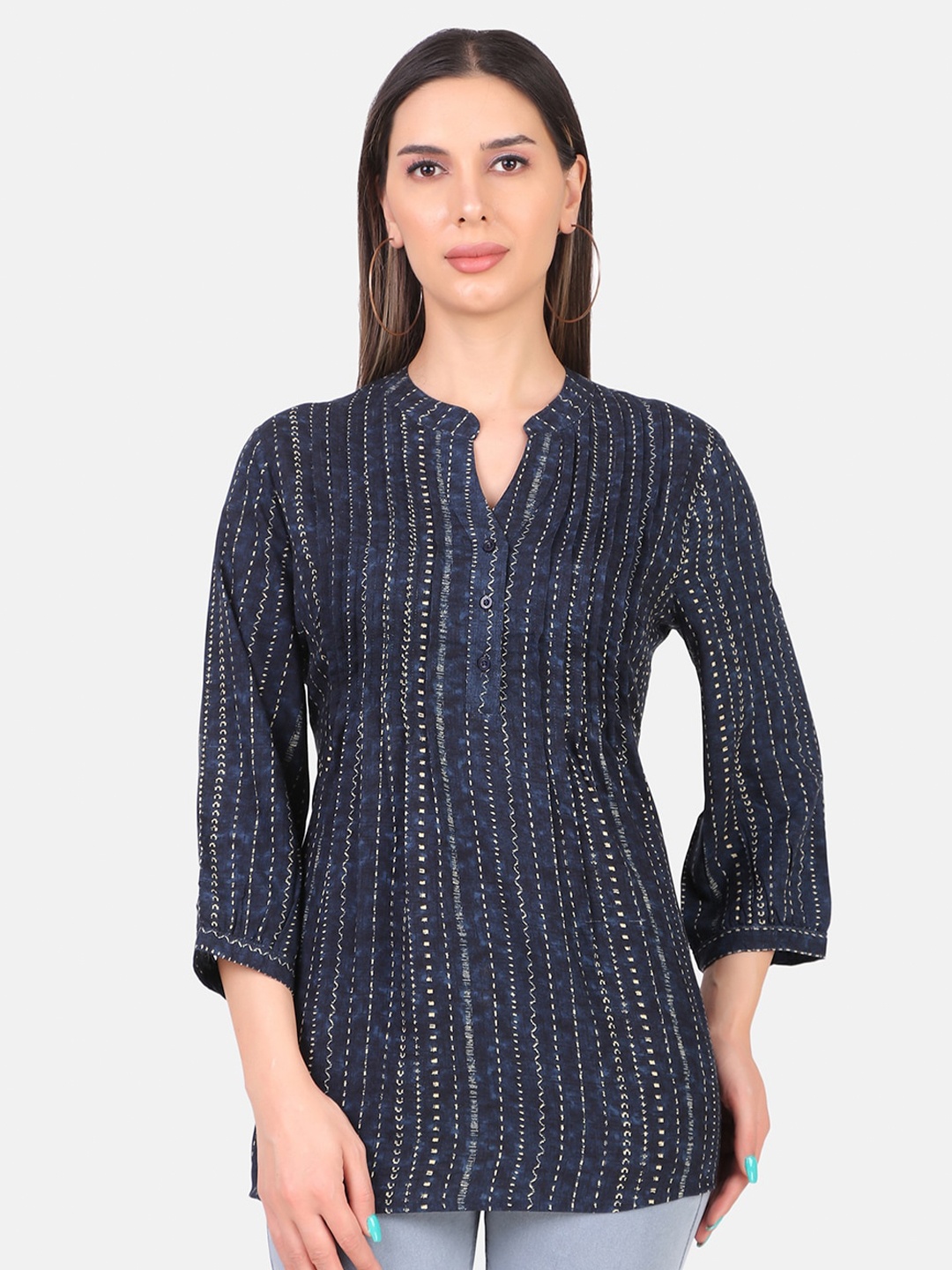 

IX IMPRESSION Striped Printed Mandarin Collar Longline Top, Blue