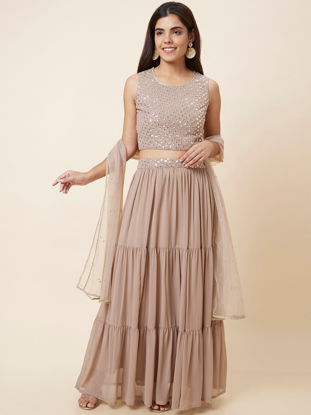 

Globus Beige Embellished Sequinned Ready to Wear Lehenga & Blouse With Dupatta