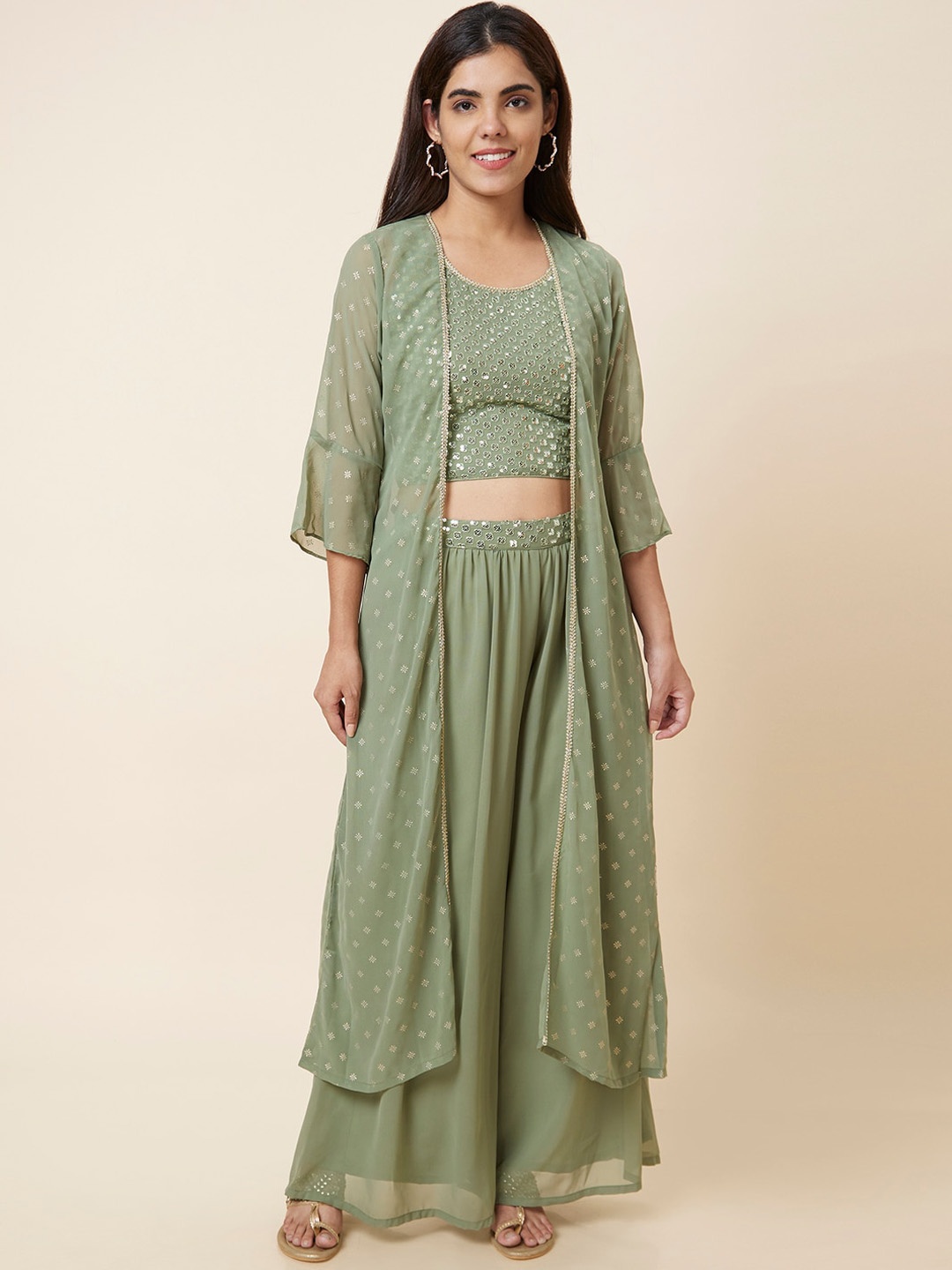 

Globus Green Embellished Top & Sharara With Printed Shrug, Olive